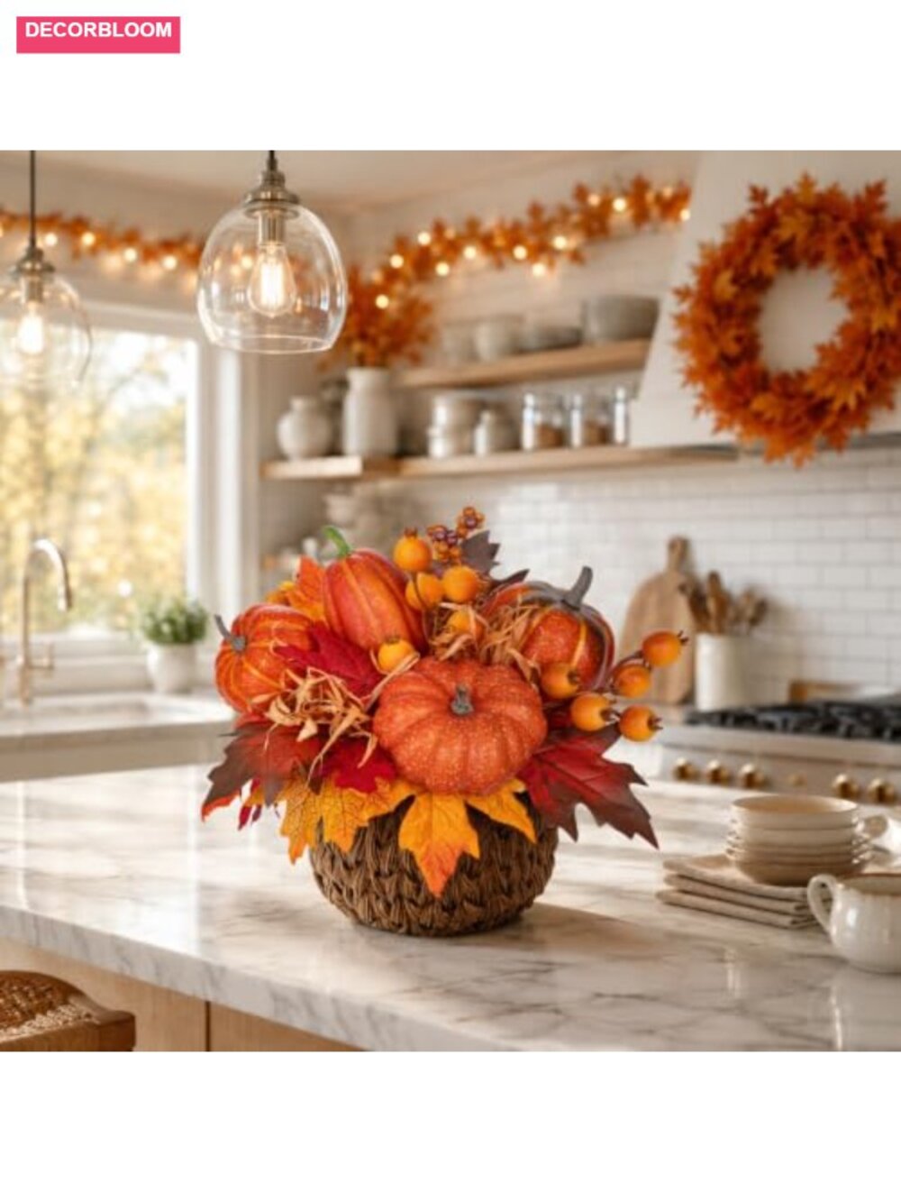 10" Artificial Pumpkin with Woven Basket Fall Centerpiece Decor - Picture 4 of 6
